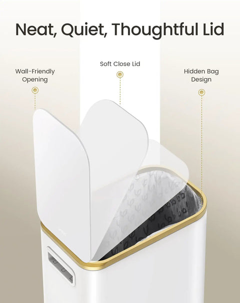 Close-up of Compact Bathroom Trash Can With Lid And Soft Close, 5 Liter Stainless Steel Slim Waste Basket, showcasing soft close lid feature.