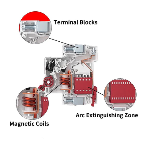No Fuss 1P And 2P Din Rail Mcb Circuit Breaker Handling Overloads And Short Circuits Smoothly 6A To 63A Amps For 230V And 400V Panels internal view showing magnetic coils and arc extinguishing zone.