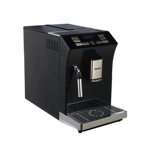 Fully Automatic Espresso Machine With Stainless Steel Cup Warmer And Smart Sensors For Low Water Beans Or Full Grounds Container Customizes Your Go To Drinks Smooth Operator Gear Zero Sweat Operation For Your Daily Grind In Classic Black - side view with control panel.
