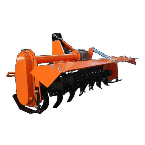 Orange 3 Point Rotary Tiller Attachment For Cat 1 Tractors With PTO Drive And 540 RPM Gearbox, 53 Inch Width, L Shaped Tines