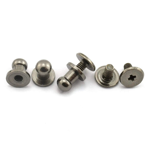 Flat Out Classic Black Solid Brass Sam Browne Buttons Screw Studs And Nail Rivets For Diy Leather Craft Belt Wallet Handbag Builds 5 To 7 Millimeter Straight Up Heavy Duty Craft Hardware showing five black brass stud buttons with screws.