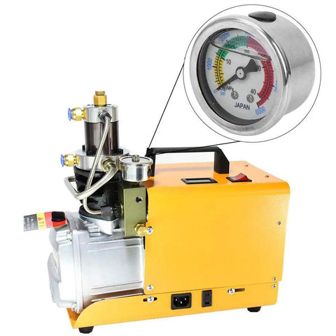 Beefy Pro Grade Dual Scale Liquid Filled Air Pump Pressure Gauge 0-6000 PSI And 0-40 MPa for dive gear, close-up of gauge on yellow pump