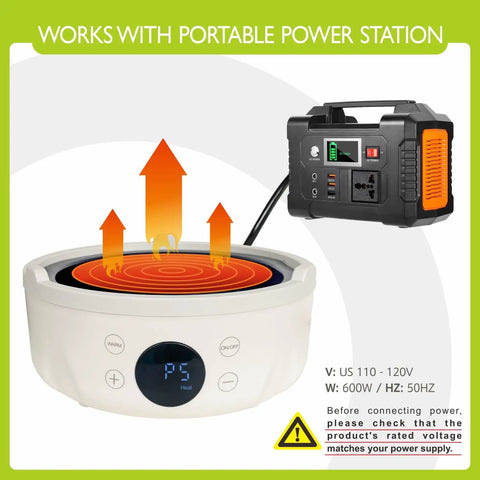 Ultra Compact 600W Electric Mini Hot Plate With Nine Precise Heat Settings shown with portable power station for RV camping.