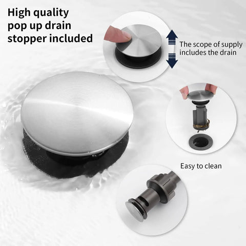 Close-up of pop-up drain stopper feature of 2-Handle 8 Inch Widespread Bathroom Sink Faucet With Brushed Nickel Finish, showing cleanability.
