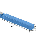 Blue 2-inch metal lathe tooling bar with 1/4-inch carbide-tipped cutter at the end