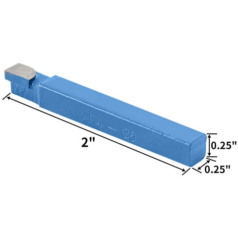 Blue 2-inch metal lathe tooling bar with 1/4-inch carbide-tipped cutter at the end