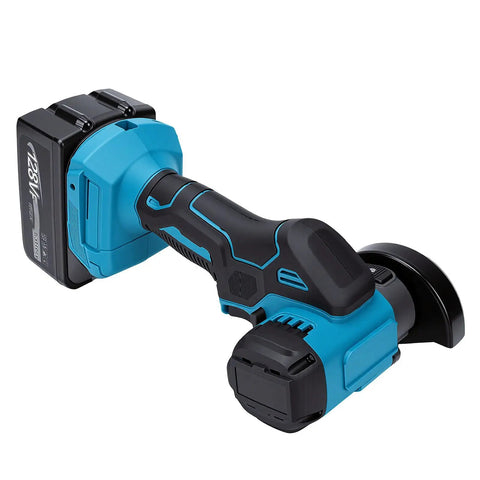 Compact Cordless Mini Circular Saw And Angle Grinder High Speed Cut Off Tool Kicking Up Dust With Zero Cords Sweet Spot For Wood Metal Tile Plastic Handyman Jobs US Plug Ready side view showing battery and grip.