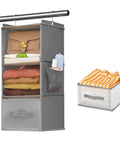 Big Time Hanging Closet Organizer With One Easy Fold Drawer And Three Roomy Shelves For No Sweat Closet Organization And Rock Solid Rod Mount Storage In Classic Grey, showing organized clothes and accessories.