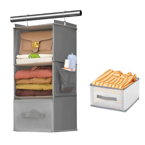 Big Time Hanging Closet Organizer With One Easy Fold Drawer And Three Roomy Shelves For No Sweat Closet Organization And Rock Solid Rod Mount Storage In Classic Grey, showing organized clothes and accessories.