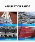 Various pipes including plastic lined, galvanized, iron tube, and fire hose showcasing application range for Built Different Heavy Duty Electric Pipe Tubing Cutter.
