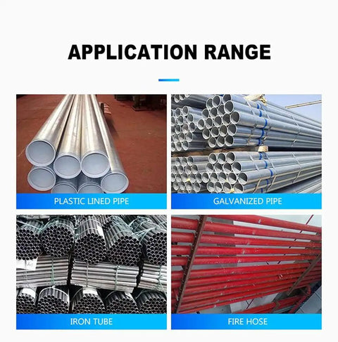 Various pipes including plastic lined, galvanized, iron tube, and fire hose showcasing application range for Built Different Heavy Duty Electric Pipe Tubing Cutter.
