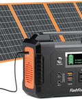 Grab And Go Solar Generator Bundle With Portable Power Station and solar panel showing plugs and display for RV camping home blackouts.
