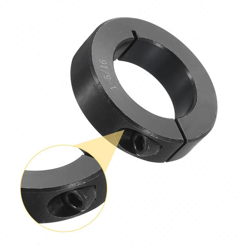 Beefy Heavy Duty Split Shaft Collar Set, Four Pack, 1-5/16 In Bore, 2-1/8 In OD, 9/16 In Thick, One-Piece Clamping Collar With Set Screw, Black Oxide Steel, Built Tough For DIY Projects. black split shaft collar with set screw close-up