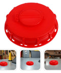 Two Pack Red Abs Ibc Container Lid Covers With Vent Holes And Valve Caps For Secure Sealing Quick Liquid Access Smooth Flow Protection On 550 Gallon Water Barrels top view of red lid showing vent and valve cap features