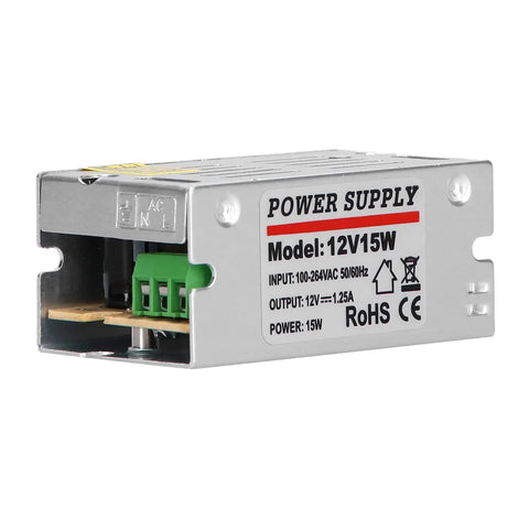 Solid As A Rock Regulated Switching Power Supply 12 Volt 0.25 Amps 15 Watt Led Driver in aluminum housing with connectors.