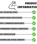 Product information list highlighting features like cast stainless steel, rust resistance, and aftermarket wheel compatibility.