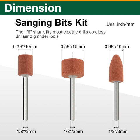 48Pcs Aluminum Oxide Mounted Grinding Stone Bits Set With One Eighth Inch Shanks displayed with dimensions and shapes