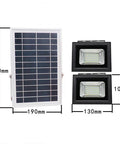 JUDYSSY Outdoor Remote Solar Flood Lights showing solar panel and two LED lights with dimensions for garden garage use.