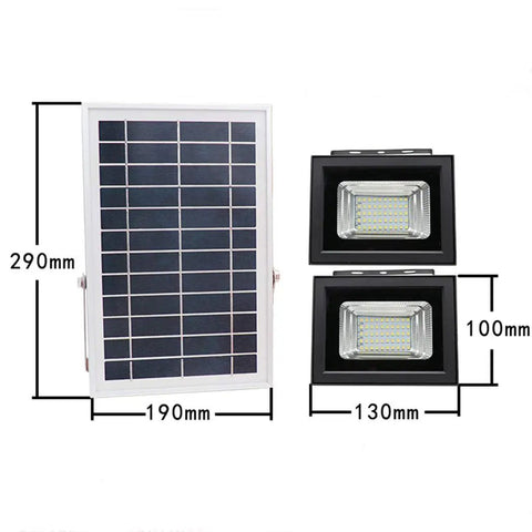 JUDYSSY Outdoor Remote Solar Flood Lights showing solar panel and two LED lights with dimensions for garden garage use.