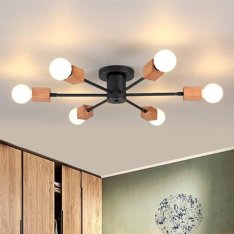 Rustic Wood Sputnik Ceiling Light Fixture With 6 Lights Semi Flush Mount Oak And Black Finish in modern room