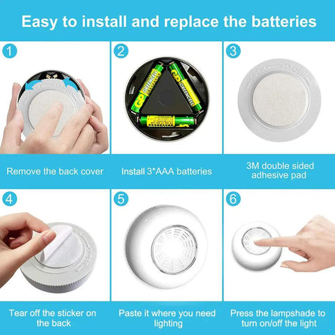 Installation guide for Six Pack Portable LED Puck Tap Lights Battery Operated Night Lights For Cabinets Closets Under Cabinet Lighting Kitchens Pantries And More Indoors And Outdoors Dope showing battery insertion and setup.