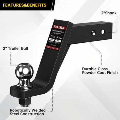 Trailer Hitch Mount With Two Inch Ball For Two Inch Receiver, Six Inch Drop, Rock Solid Towing Up To Seven Thousand Five Hundred Pounds