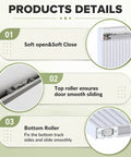 Details of Premium Fluted Panel Concealed Barn Door 36 By 84 Inches, showcasing soft close, top roller, and bottom roller for smooth sliding.