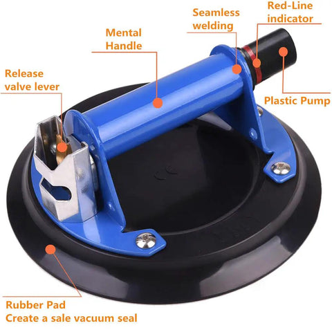 Heavy Duty 8 Inch Glass Suction Cup With Metal Handle showing rubber pad, blue metal handle, and plastic pump for lifting.