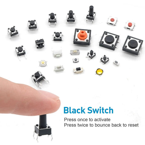 240 Piece Micro Momentary Tactile Push Button Switches Assortment Kit With 24 Value Options Black Color displayed on white background