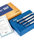 Front view: Dasqua 4-piece small-hole full-ball gauge set in blue case (.125–.500")