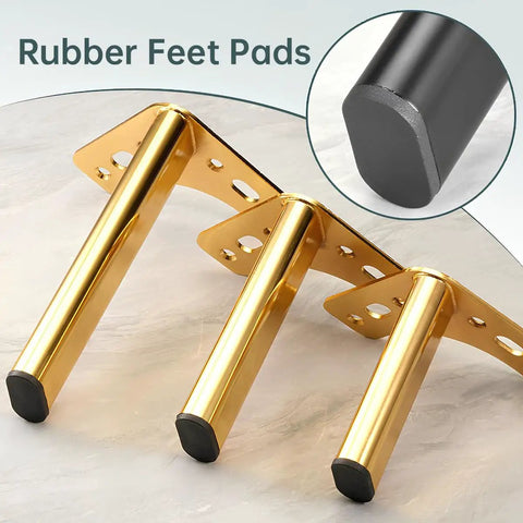 Gold metal furniture legs with rubber feet pads, matching 20cm Triangle Metal Furniture Legs 4 Pack for Sofas Chairs Tables Cabinets and Stools Gray Finish with Pre Drilled Holes for Easy DIY Replacement and Stable Modern Home Decor.