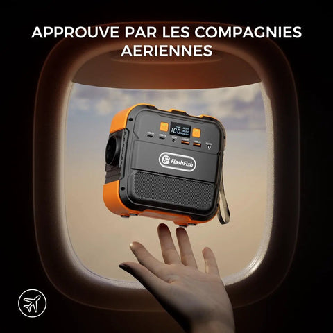 Hand touching Ultra Portable 98Wh Solar Generator Kit With 60W Foldable Panel, viewed through airplane window