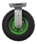 Heavy Duty Pneumatic Caster Wheels 8 Inch Air Tires Smooth As Butter Industrial Casters bottom view with green rim and metal mount.