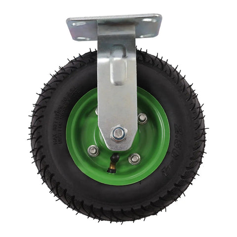 Heavy Duty Pneumatic Caster Wheels 8 Inch Air Tires Smooth As Butter Industrial Casters bottom view with green rim and metal mount.