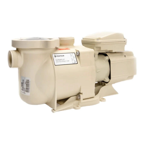 Angled front view of Pentair SuperFlo pump, 1 HP EC, cream-colored pool pump.