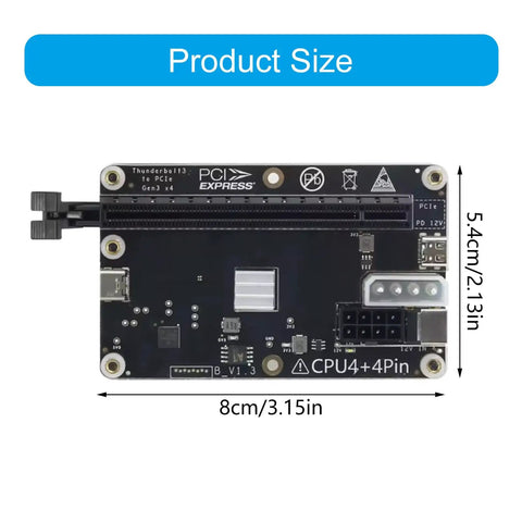 Hot Swappable Egpu Expansion Dock With Fast Usb Charging Cable, showing black PCI Express board dimensions 8cm x 5.4cm.