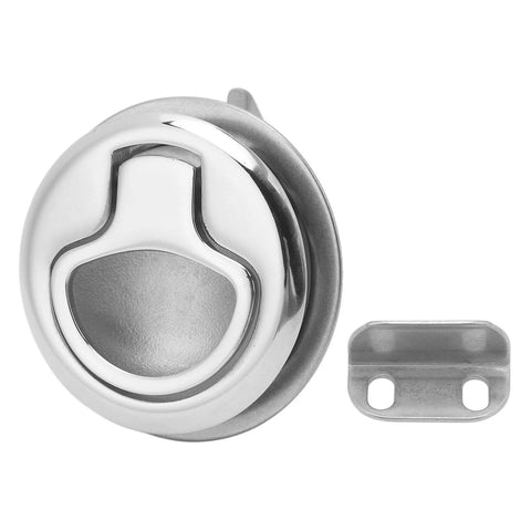 Pull handle, front view: round 44mm flush-mount, 316 stainless steel, marine-grade with mounting plate