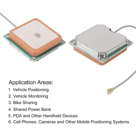 Close-up of two NEO-6M GPS modules with ceramic antennas, TTL RS232, 9600 baud, and application area list for DIY drones and robotics.