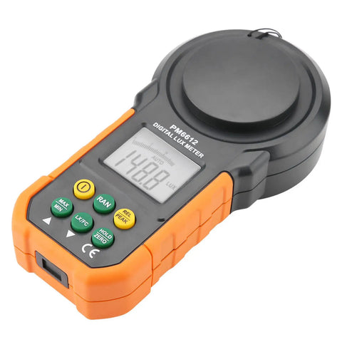 Digital Light Meter Lux Meter PM6612 and PM6612L with 200000 Lux High Range Auto Manual Range Data Hold Min Max Readouts Handheld Photometer Luminometer Workhorse for Lighting Photography Horticulture, black and orange ABS body
