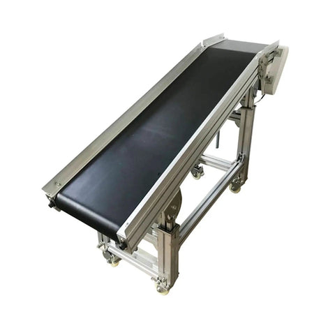 Electric Plane Ramp Conveyor Machine With PVC Belt 59 Inch Long And 11.8 Inch Wide Height Adjustable From 19.6 To 31.5 Inches 110V 120W Black Workhorse Build Portable Aluminum Frame Flat Slope Type.