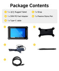 Beefed Up Eight Inch Rugged Tablet Running Windows 11 Pro With Honeywell N4680 Scanner For Quick 1D And 2D QR Code Swiping In Warehouses Or Retail Shops Packing EightGb Ram Plus 128Gb Storage Inside An Ip65 Drop Resistant Shell package contents including tablet, strap, adapter, stylus pen, and Type-C cable.
