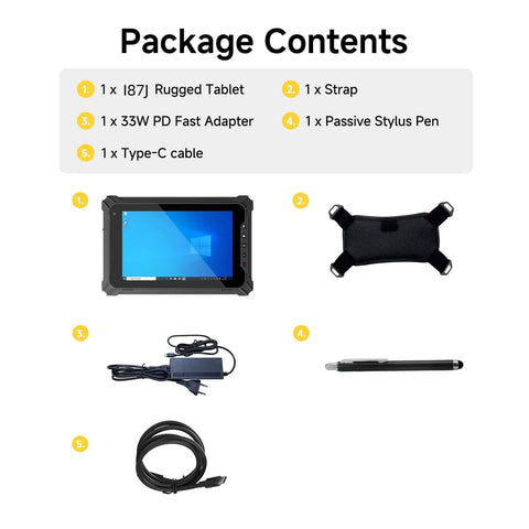 Beefed Up Eight Inch Rugged Tablet Running Windows 11 Pro With Honeywell N4680 Scanner For Quick 1D And 2D QR Code Swiping In Warehouses Or Retail Shops Packing EightGb Ram Plus 128Gb Storage Inside An Ip65 Drop Resistant Shell package contents including tablet, strap, adapter, stylus pen, and Type-C cable.