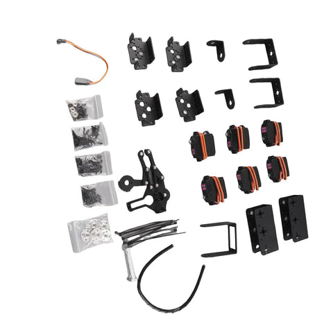 Sturdy 6DOF Robot Mechanical Arm Claw Kit With Metal Gears And Thick 2mm Aluminum Brackets components including servos and brackets.