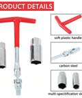 Heavy Duty Carbon Steel T Handle Spark Plug Socket Wrench Kit With Five Eighth And Thirteen Sixteenths Inch Sockets showing red handle and chrome sockets.