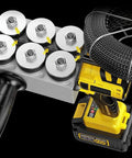 Heavy Duty Electric Fish Tape Puller And Straight Shooting Wire Threader Tool showing battery pack and wire guide wheels.
