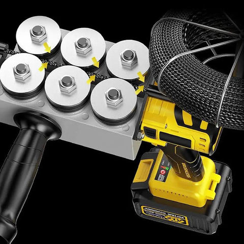 Heavy Duty Electric Fish Tape Puller And Straight Shooting Wire Threader Tool showing battery pack and wire guide wheels.