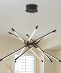 Black Modern LED Sputnik Chandelier With 12 Lights Pendant, 4000K dimmable fixture in aluminum and acrylic on ceiling