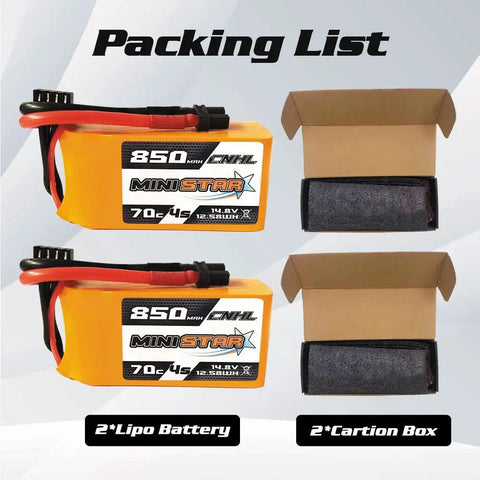 Packing list showing 4S 850mAh 70C LiPo Battery 14.8V With XT30U Connector and open carton boxes, 2-pack