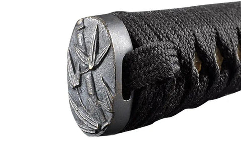 Close-up of hilt on Authentic Bamboo Katana Training Sword With Lightweight Aluminum Alloy Blade For Dope, Safe Unsharpened Practice.