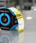 NMC 100 Safety Tags By The Roll Caution Barricade OSHA Compliant Waterproof 6.25x3 Inch PF Cardstock in octagon dispenser.